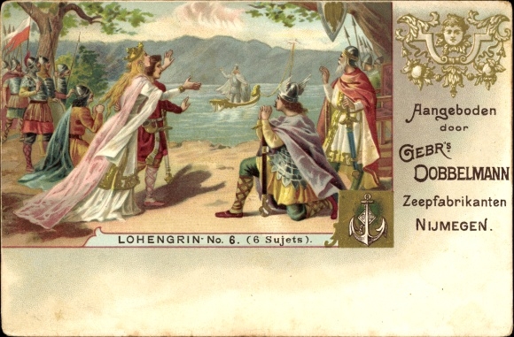 Lithoreclame, scène uit Lohengrin, zeepfabriek Gebr. Dobbelmann, Nijmegen