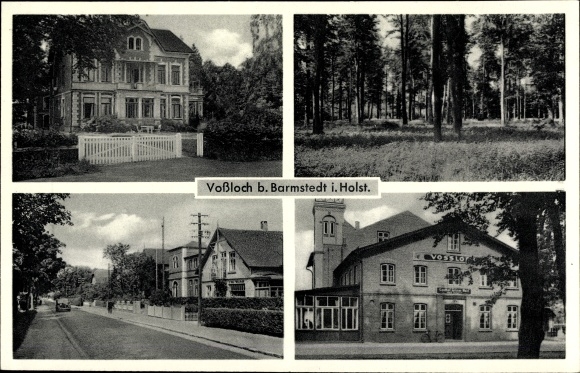 Ansichtkaart Vossloch Bokholt Hanredder in Sleeswijk-Holstein, herberg, bosgebied, uitzicht op straat