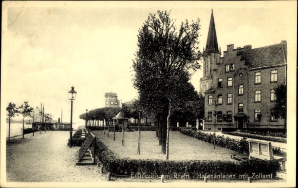 Postcard Hoch Elten Emmerich am Rhein, port facilities with customs office, park, trees, buildings, lanterns