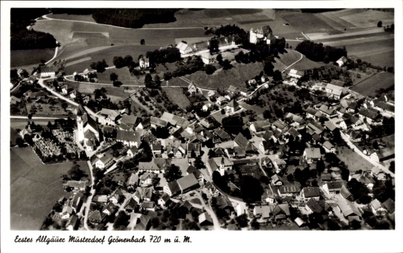 Postcard Bad Grönenbach in Allgäu, aerial photograph, village view, Allgäu landscape, architecture