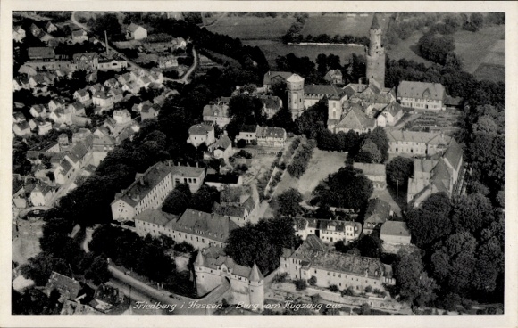 Postcard Friedberg in Hesse, aerial view of Friedberg, city view, buildings, trees, path