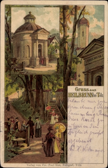 Artist Chromo-Litho Bad Heilbrunn in the district of Bad Tölz Wolfratshausen, Kurhaus, church, passers-by