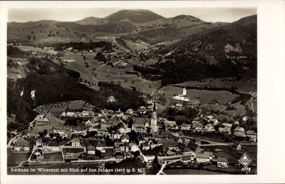 Postcard Schönau im Wiesental Black Forest, aerial photograph, Belchen