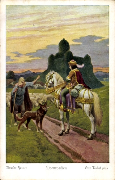 Artist Postcard Kubel, Otto, fairy tale, Brothers Grimm, Sleeping Beauty, Prince, Shepherd
