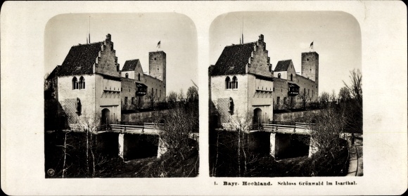 Stereo photo Grünwald in the district of Munich Upper Bavaria, Schloss Grünwald, Isar valley