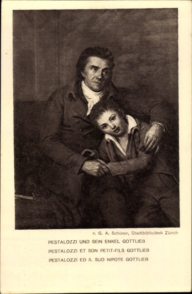 Postal stationery artist PC Schöner, GA, national celebration 1914, Pestalozzi and his grandson Gottlieb