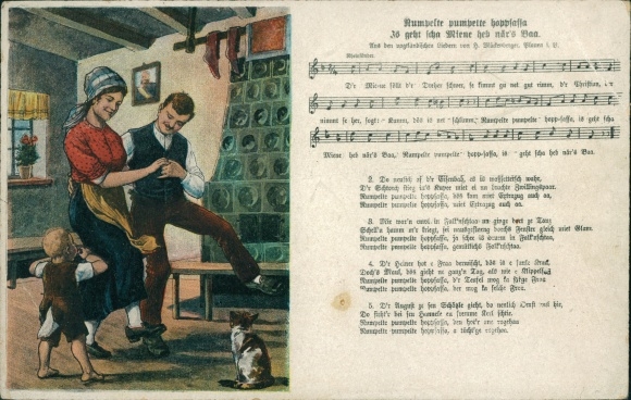 Song Ak Mückenberger, H., rommelende gepompte hoppsassa, dansend stel, woonkamer, kat, kind