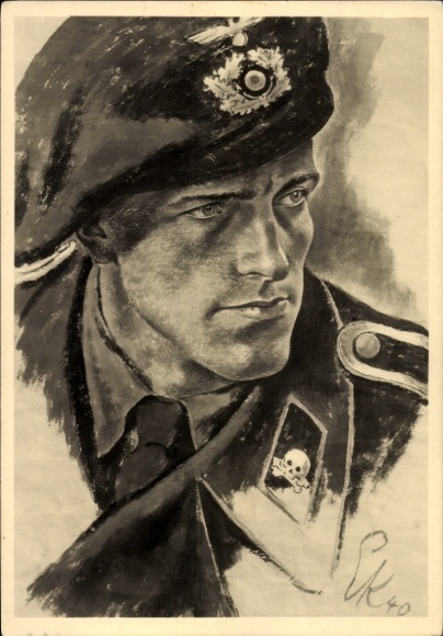 Artist Postcard Kretschmann, Ernst, Panzerspähmann, skull in collar patch, HDK 182