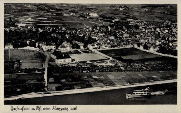 Postcard Geisenheim am Rhein Hesse, aerial view of the Rhine riverbank, city view, ship on the Rhine