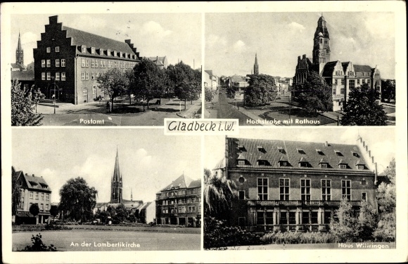 Postcard Gladbeck in the Ruhr area, Hochstrasse, town hall, Haus Wittringen, Lambertikirche, post office