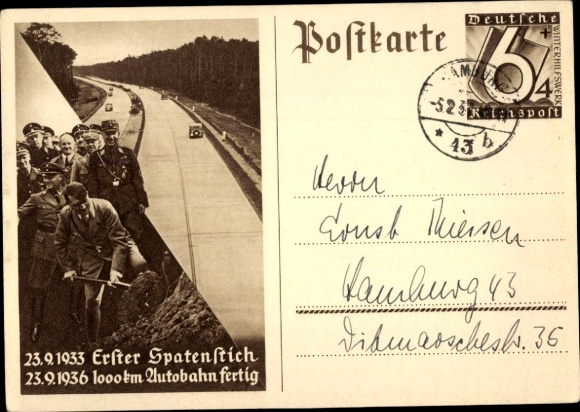 Ganzsachen Ak Adolf Hitler, Bau der Reichsautobahn, Erster Spatenstich 23.9.1933