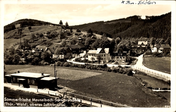 Postcard Meuselbach Schwarzmühle Schwarzatal in Thuringia, panorama, train station
