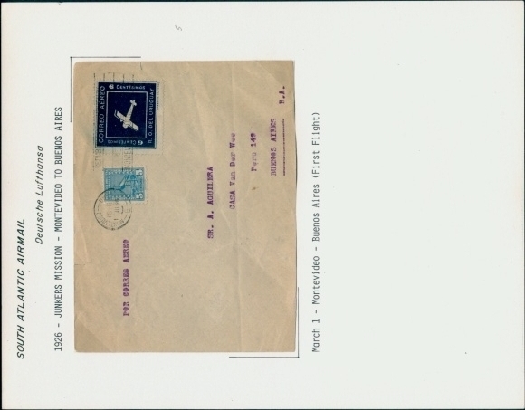 Letter Airmail Deutsche Lufthansa, South Atlantic, 1926 Junkers Mission Montevideo - Buenos Aires