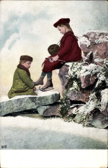 Postcard girl with skates, little boy