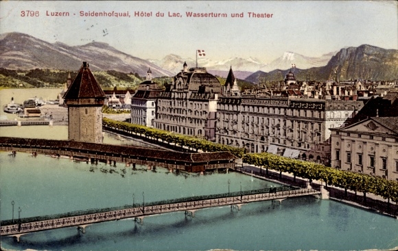 Postcard Lucerne City Switzerland, Seidenhofquai, Hotel du Lac, Water Tower and Theater