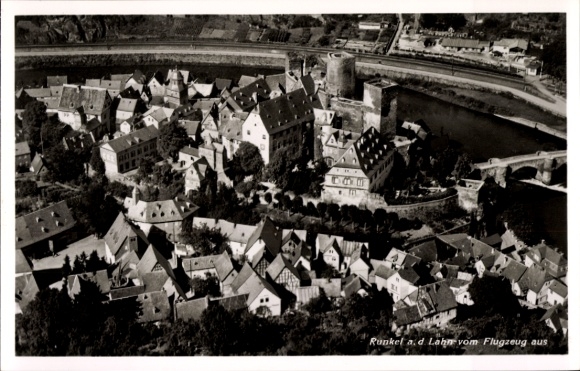 Postcard Runkel an der Lahn, aerial view of Runkel, medieval architecture, beautiful river