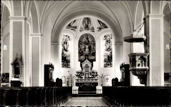 Postcard Nordkirchen in Westphalia, interior view of the Catholic parish church, altar, pews, Gothic