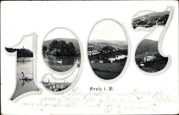 Ak Greiz im Vogtland, Jahreszahl 1907, Schwanensee, Gesamtansicht, Schloss