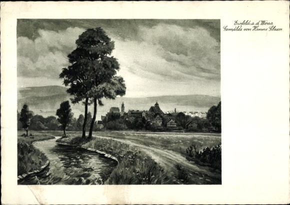 Postcard Eisfeld in Thuringia, landscape with tree, river, houses, clouds, painting by Hanne Blaser