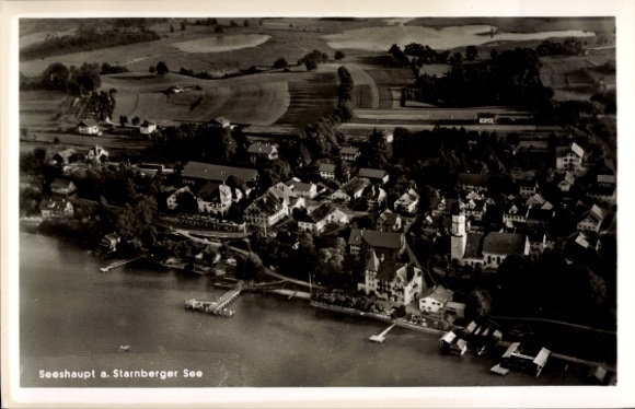 Postcard Seeshaupt on Lake Starnberg, Upper Bavaria, aerial photograph