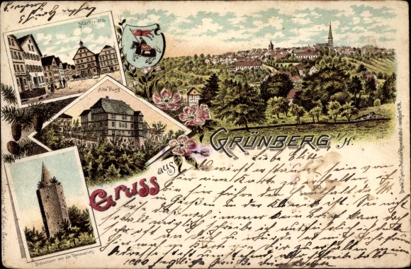Chromo-Litho Grünberg in Hesse, market square, old castle, thief tower, panorama, coat of arms
