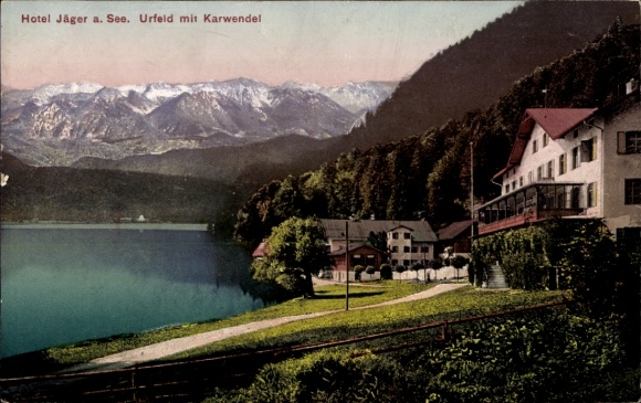 Postcard Urfeld Kochel am See Upper Bavaria, Hotel Jäger am See, Karwendel