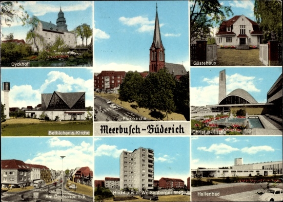 Postcard Büderich Meerbusch on the Lower Rhine, Dyckhof, Bethlehem&#39;s Church, Deutsches Eck, indoor swimming pool