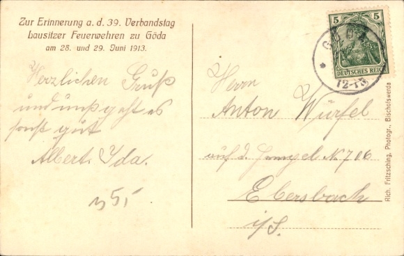 Postcard Göda in Upper Lusatia, 39th Association Day of the Lusatian Fire Brigades 1913, Fire Brigade Orchestra