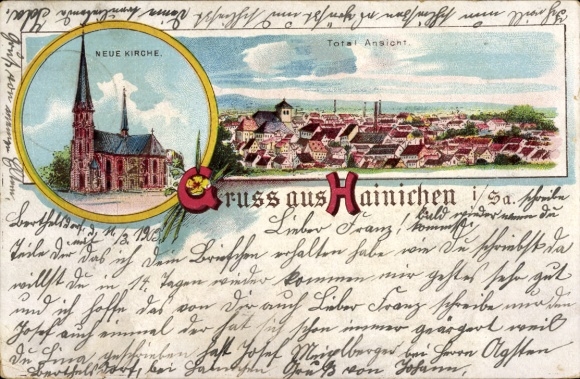 Litho Hainichen in Sachsen, Gesamtansicht, Neue Kirche