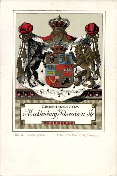 Wapenschild litho Groothertogdom Mecklenburg Schwerin en Strelitz, Paul Kohl Chemnitz nr. 12