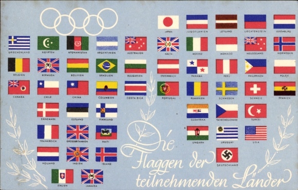 Postcard Olympia Berlin 1936, flags of the participating countries