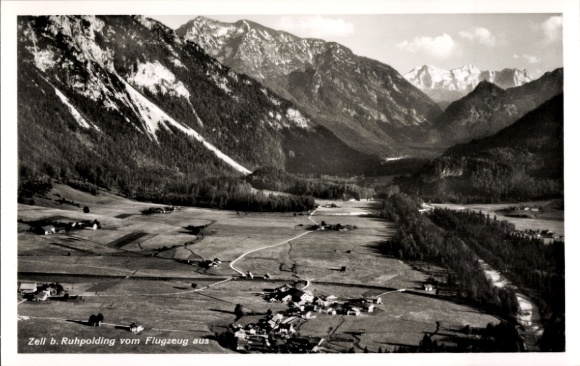 Postcard Zell Ruhpolding in Upper Bavaria, aerial view of Zell, mountain range, rural surroundings