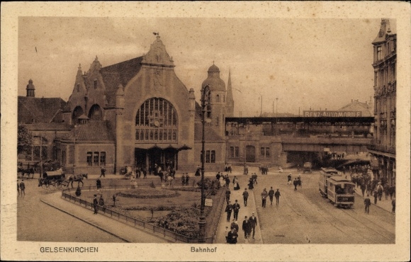 Postcard Gelsenkirchen in the Ruhr area, train station, tram