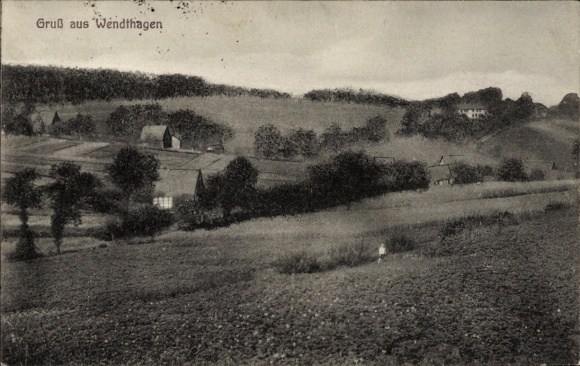 Postcard Wendthagen Stadthagen in Lower Saxony, landscape view, hills, fields, houses, greetings from We