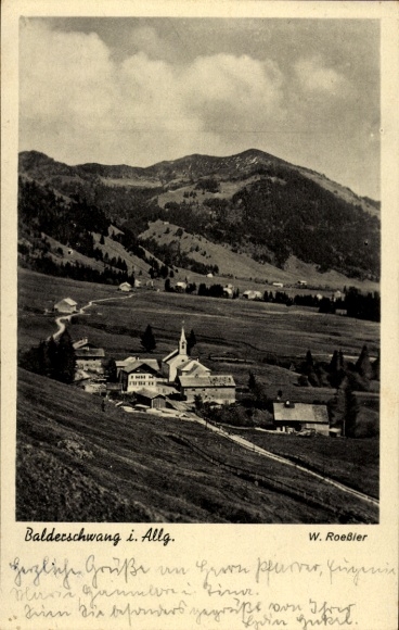 Ak Balderschwang im Allgäu, Balderschwang i. Generaal, W. Roeßler, landhuis met kerk, Alpenlandschap