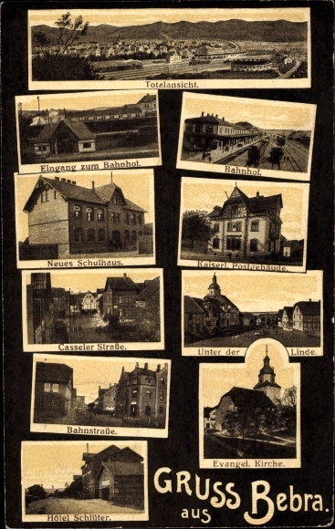 PC Bebra on the Fulda in Hesse, train station, post office, Kasseler Straße, Hotel Schlüter, Bahnstraße