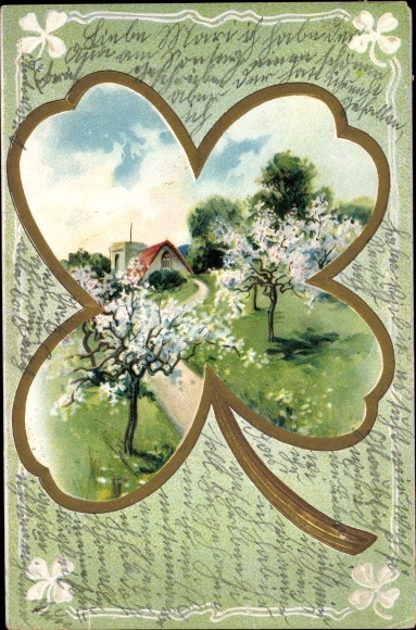 Passepartout Embossed Chromo-Litho View of a village, flowering trees, clover