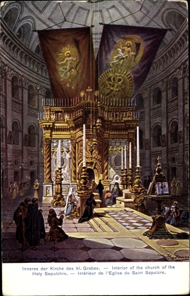 Artist Postcard Perlberg, F., Jerusalem Israel, Interior of the Church of the Holy Sepulchre