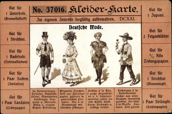 Ansichtkaart Duitse mode, kledingkaart, coupon vijgenblad, krant, zwembroek nationale kleuren