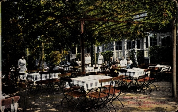 Postcard Zeithain in Sachsen, military training area, camp II, canteen, gazebo, soldiers, family