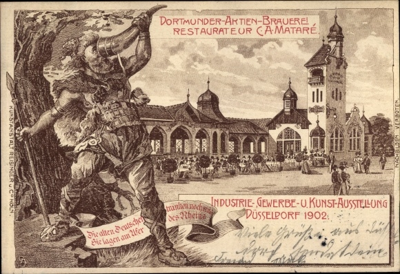 Chromo-Litho Düsseldorf, trade exhibition 1902, Dortmunder Aktienbrauerei, Germane with drinking horn