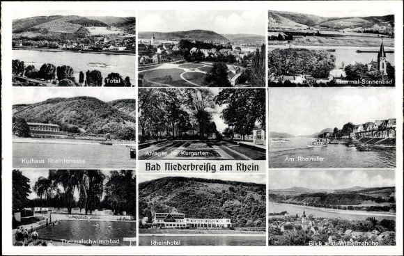 Postcard Niederbreisig Bad Breisig on the Rhine, banks of the Rhine, thermal swimming pool, spa gardens, spa house, Rhine hotel