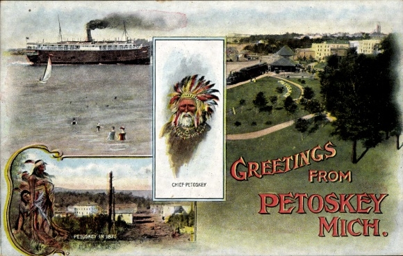 Chromo-Litho Petoskey Michigan USA, steamer, Indians