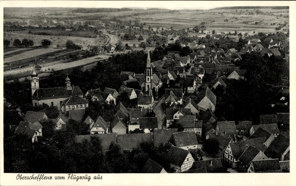 Postcard Oberschefflenz Schefflenz in Baden, aerial view of church, residential buildings, rural surroundings