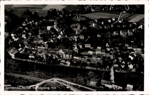 Postcard Lunzenau in Saxony, aerial view of city view, Mulde, architecture