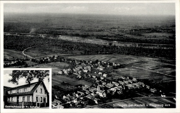 Ak Söllingen Rheinmünster am Rhein, Fliegeraufnahme, Geschäft Fr. Schäfer