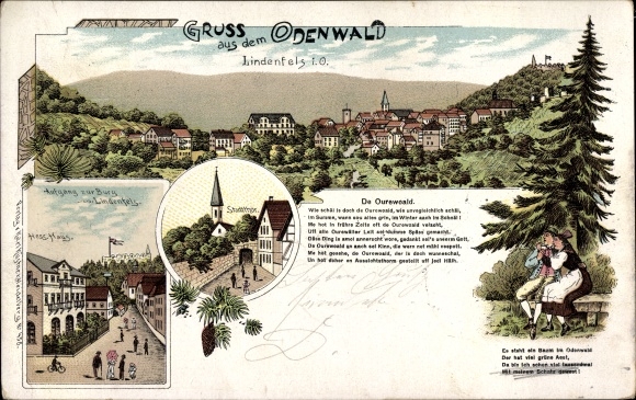 Poem Chromo-Litho Lindenfels in the Odenwald, De Ourewald, city gate, castle, inn Hessisches Haus