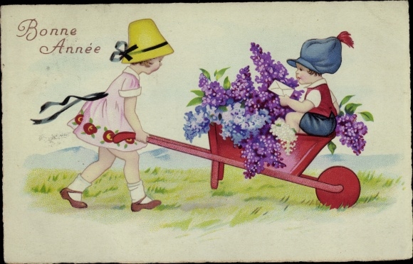 PC Happy New Year, Bonne Année, children with wheelbarrow, lilacs