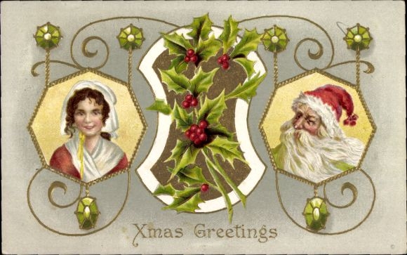 In reliëf gemaakte Ak Gefeliciteerd Kerstmis, Kerstman, jonge vrouw, Hulst