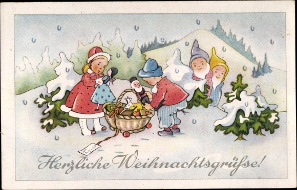 Postcard Congratulations Christmas, children, basket with gifts, gnomes, fir-trees